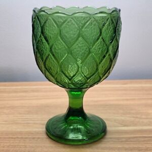 Vintage Harlequin Pattern Green Glass Pedestal Drinking Tea Wine Water Goblet